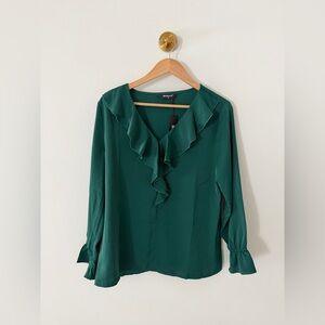 Allegra K Emerald Green Ruffle V-Neck Long Sleeve Blouse